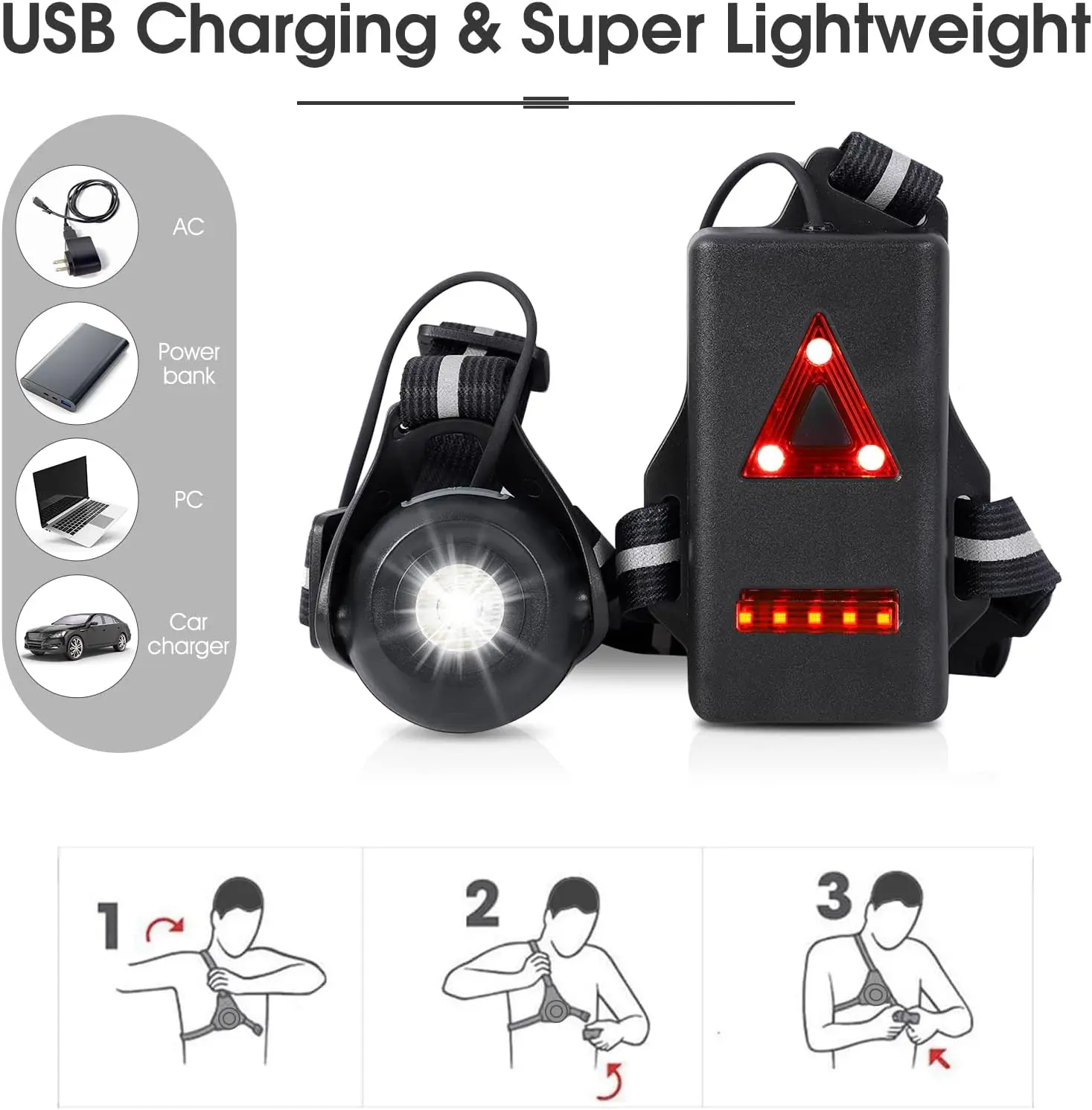 USB-C Type Rechargeable LED Running Chest Light Back Warning Light 90° Adjustable Beam for Hiking Jogging Outdoor Adventure