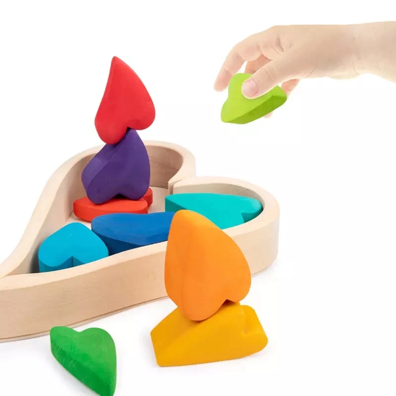 Montessori Educational Wooden Toy Kids Gifts Rainbow Love Building Blocks Heart-shaped Creative Rainbow Stacker Baby Toys