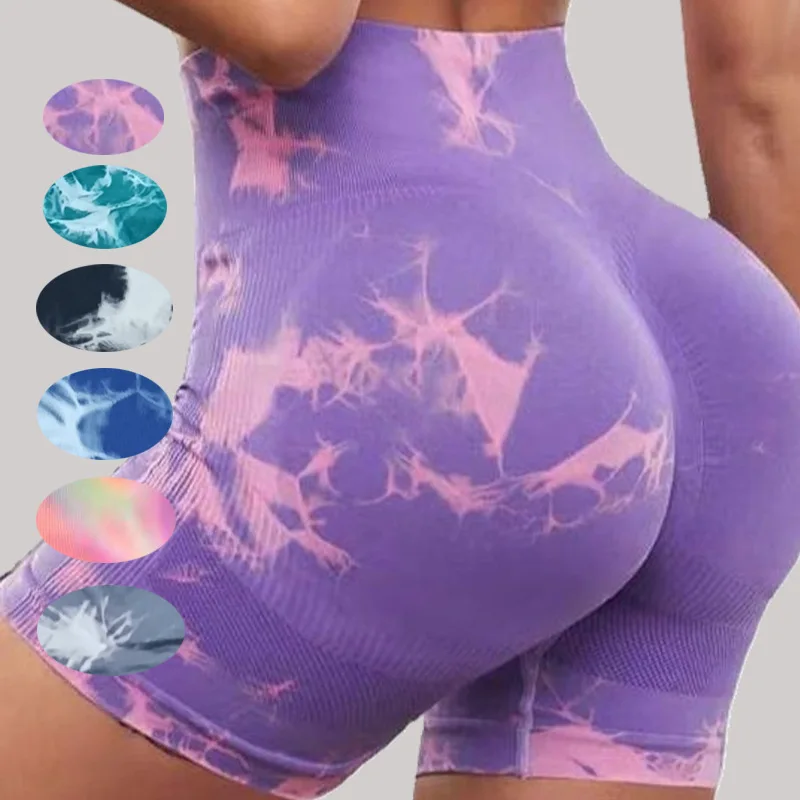 Hot Selling Double Push Up Tie Dye Yoga Shorts Women Gym Fitness Sports Wear Workout Tights Running High Waist Leggings OEM
