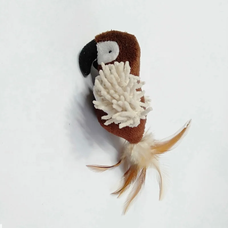
High Quality Bird Woodpecker Parrot Cord Velour Plush Catnip Teaser Cat Toys With Genuine Feather 