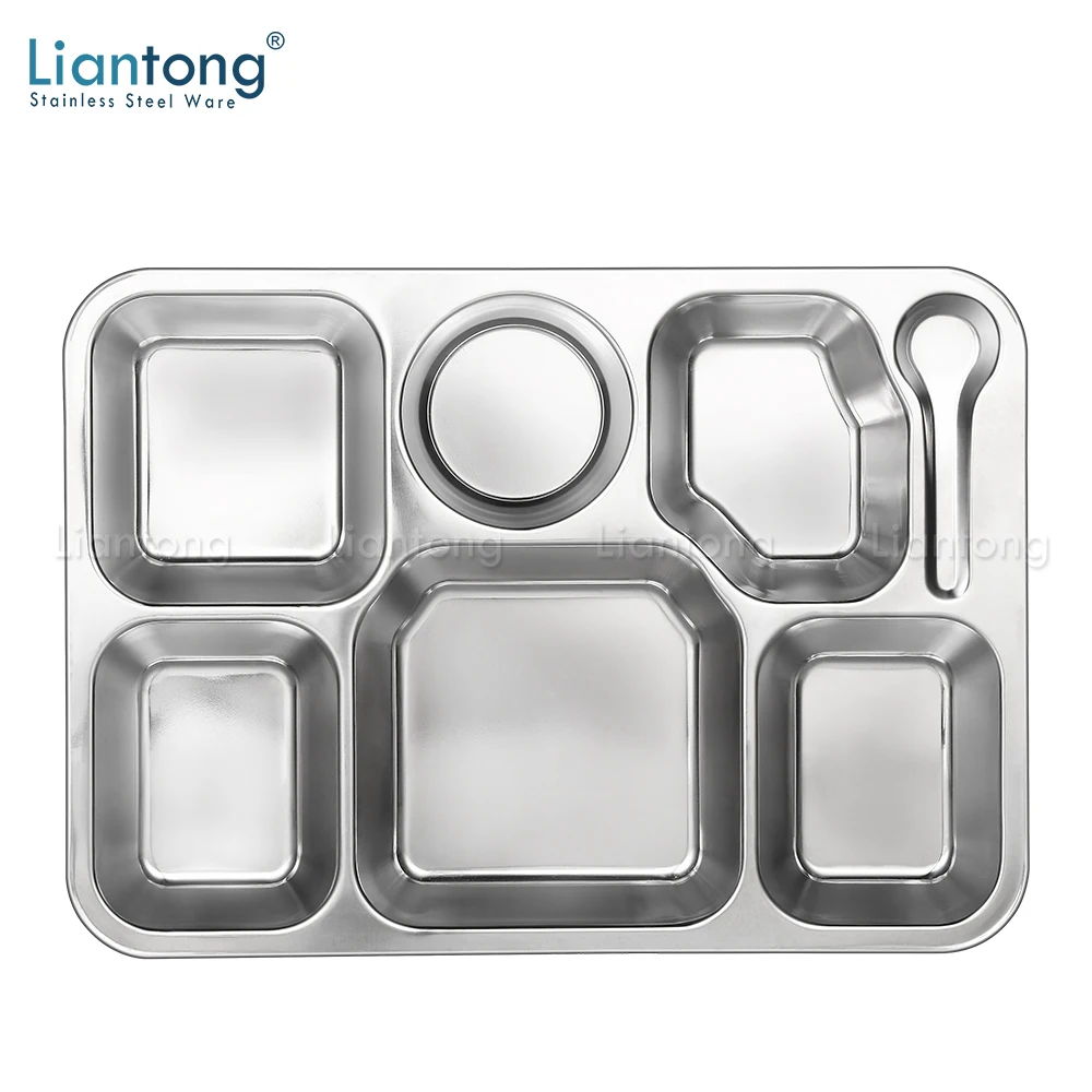Liantong Factory School Canteen Big 7 compartment divided stainless steel 201 lunch dinner snack plate fast food tray