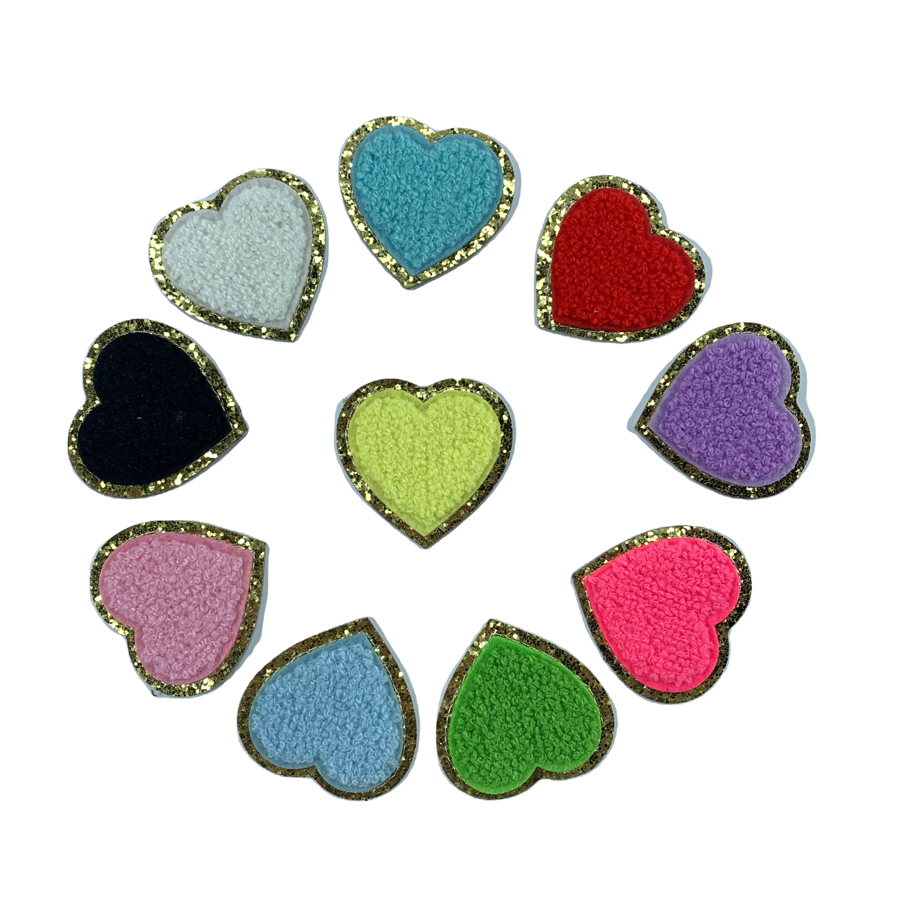 High quality exquisite embroidery Rainbow Lighting Face Heart Star glitter chenille iron on bag applique patch for cosmetic bag