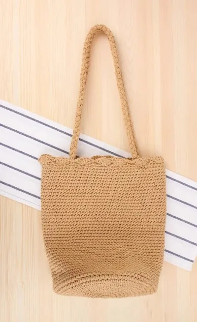 Fashion Boho Crochet Knitted Drawstring Bag Summer Beach Casual Tote Handbag Women Vacation Handmade Eco Friendly Shopping Bag