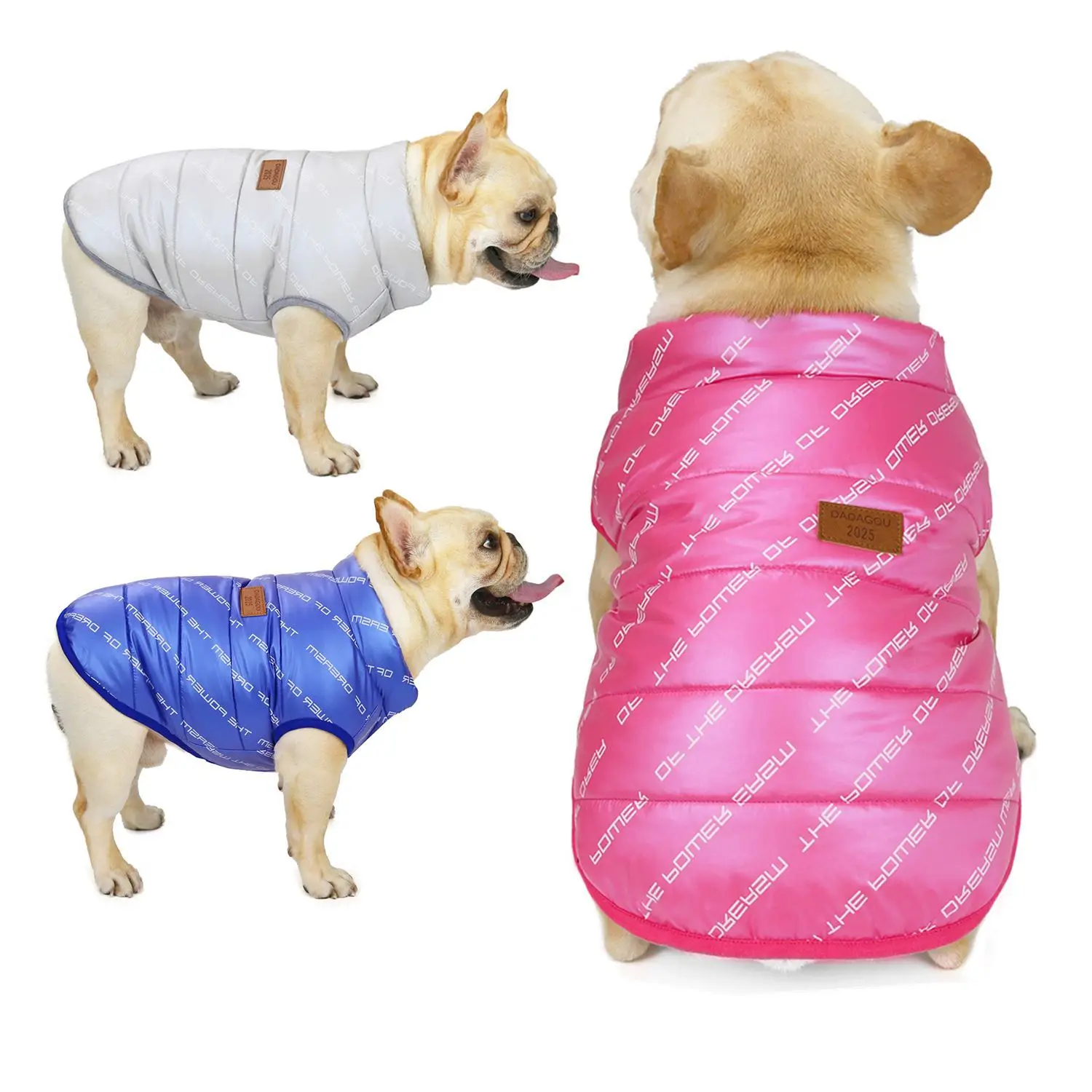 2021 China Factory Stocked Newest Pet Winter Apparel Letters Printed Outdoor Dog Coat For French Bulldog