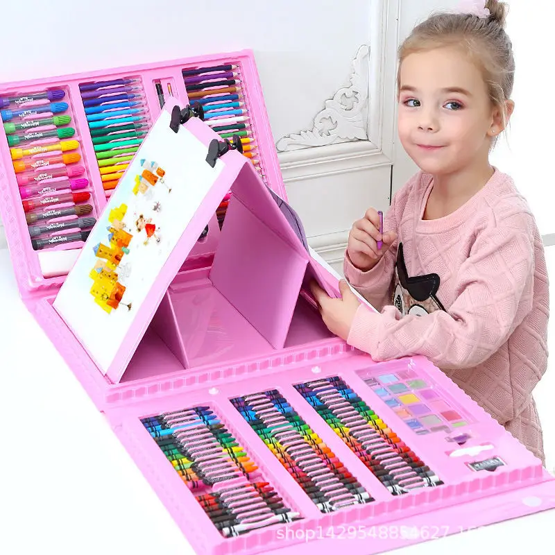 top seller 208 Piece Non-Toxic Plastic Case Kids Painting Drawing Art Set Coloring Book Stationery Set with easel