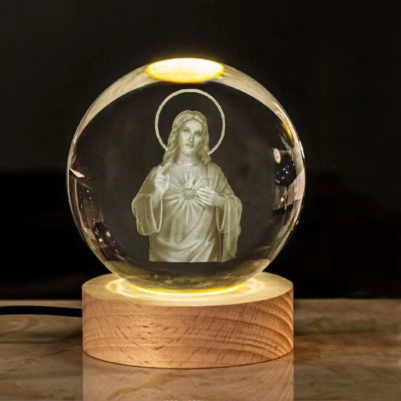 3D Jesus Engraved  Laser Crystal Ball lamp night light  for table deco