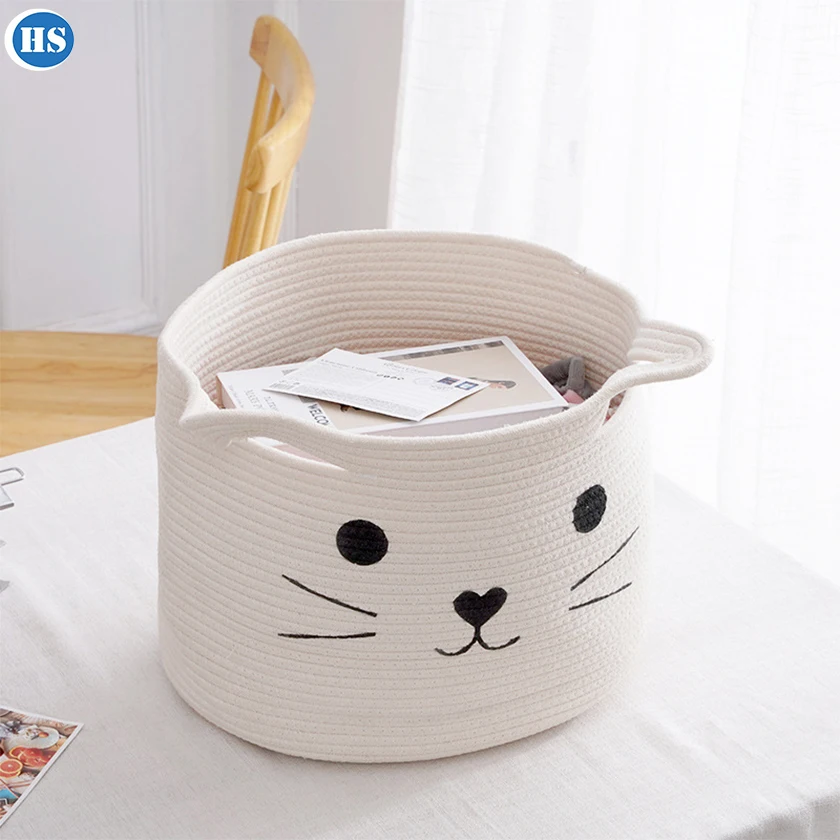 Haosen White Cotton Rope Cat Storage Basket Sundries Organizer for Living Room