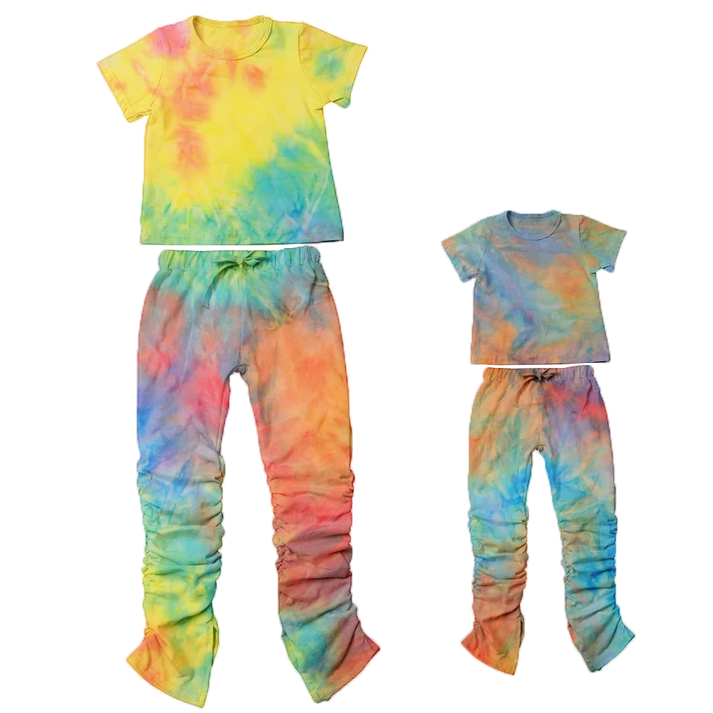 
2020 Hot Sale Fall Clothing for Women Tie Dye Baby Girls Sweatpants Set 2 pcs Kids Stacked Pants Mommy and Me Outfits 