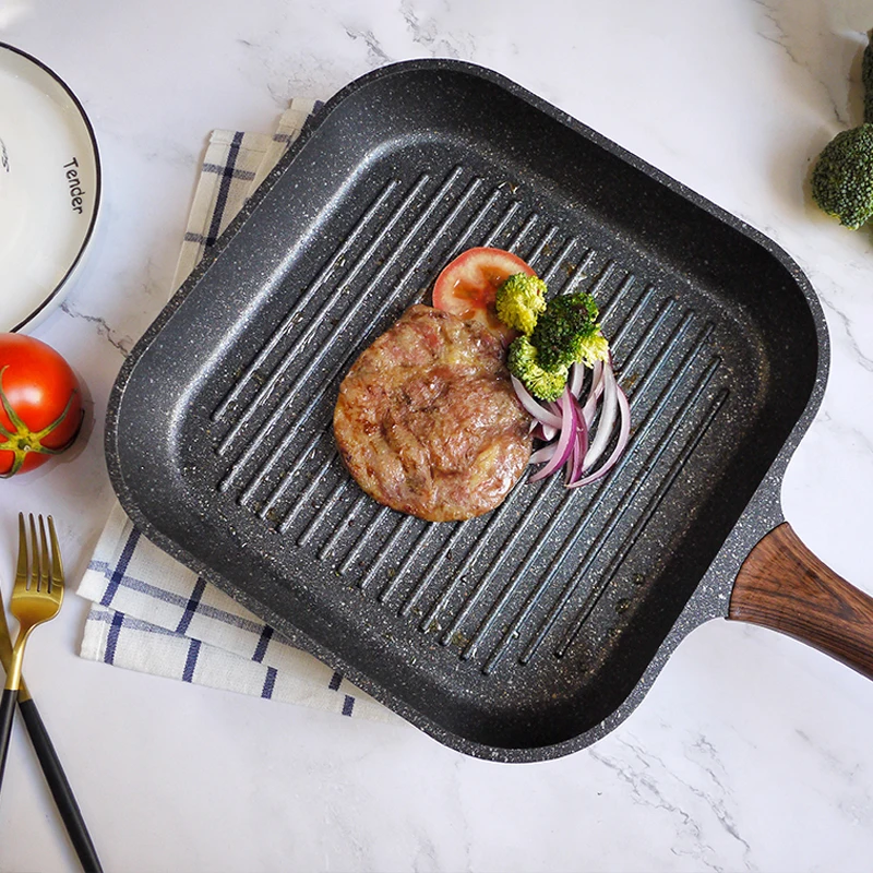 Wooden handle non stick skillets 28 cm square gas grill pan steak pan