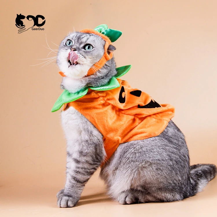 Geerduo Delicate Green Leaf Collar Design Polyester Fabric Pet Halloween Pumpkin Shape Clothes for Cat (1600637529272)