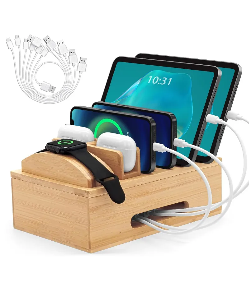 High Quality Bamboo Creative Multifunctional Desktop Wood Docking Station Organizer For Cell Phones