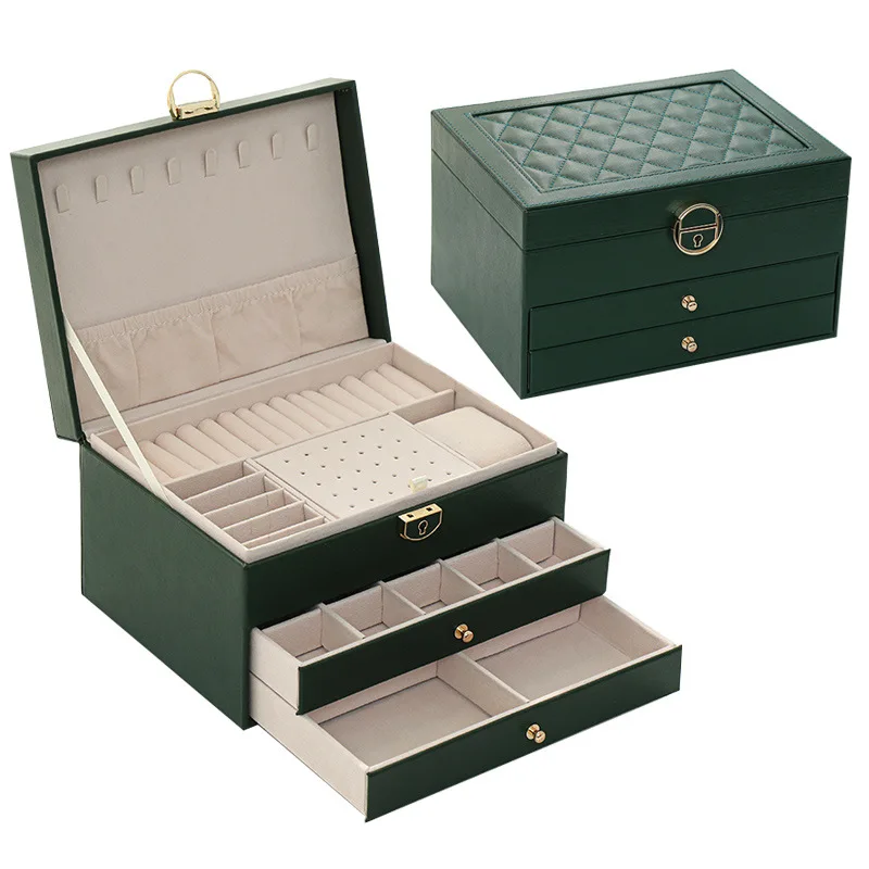 Multi-function jewelry box Three layer lock leather jewelry storage box Earring jewelry box