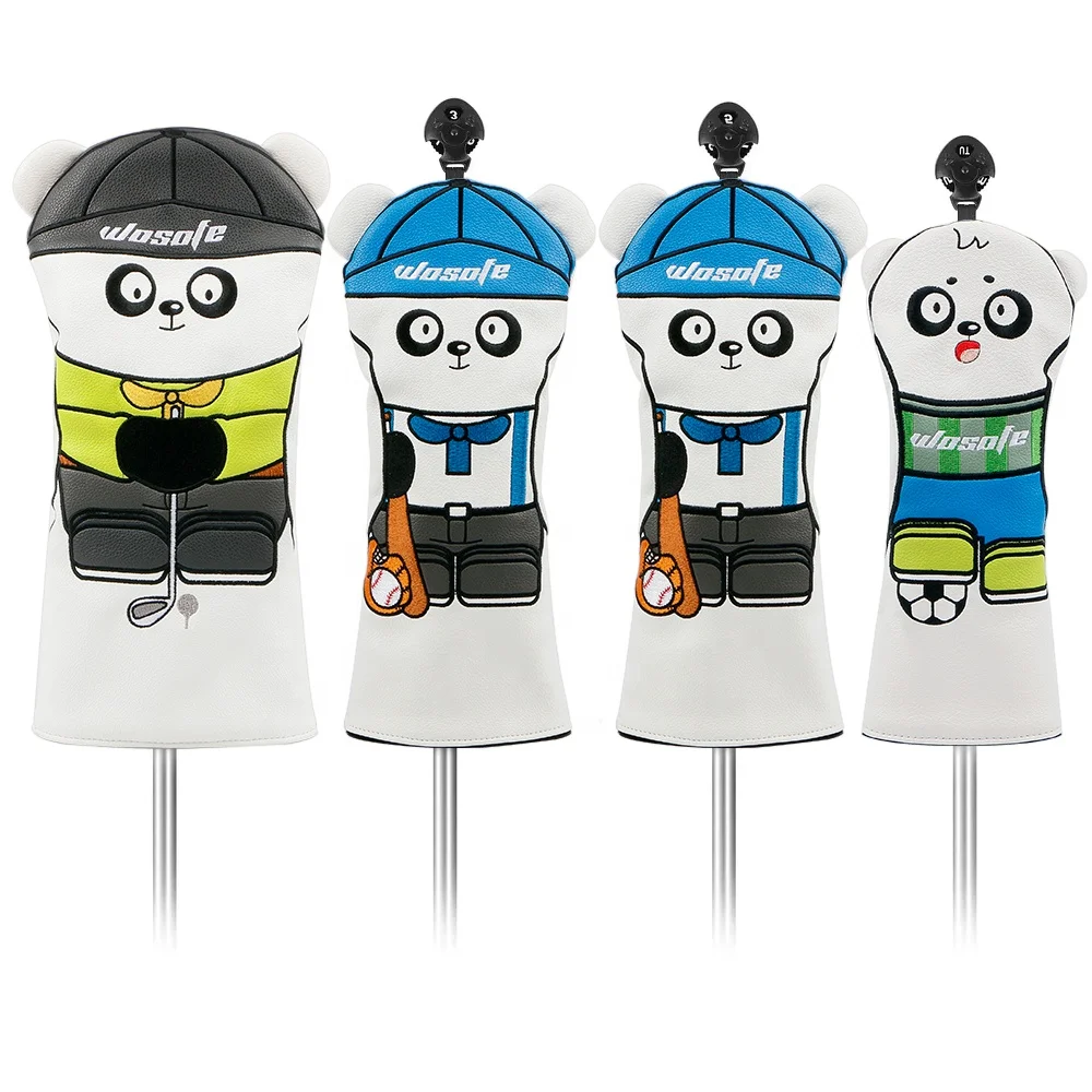 May Hot Sale PU Leather Embroidery Golf Headcover Cute Panda Golf Driver Headcover Set