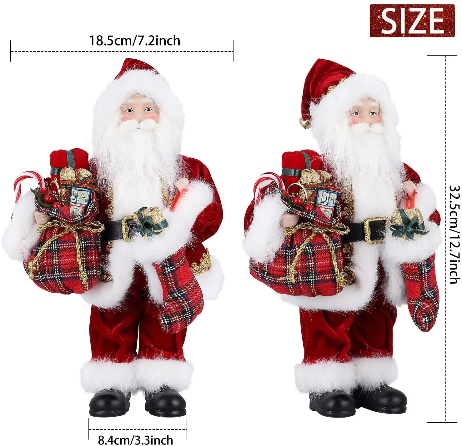 Santa Claus, Christmas Figurine Figure Decor with Christmas Sock and Gifts Bag for Holiday Party Home Decoration