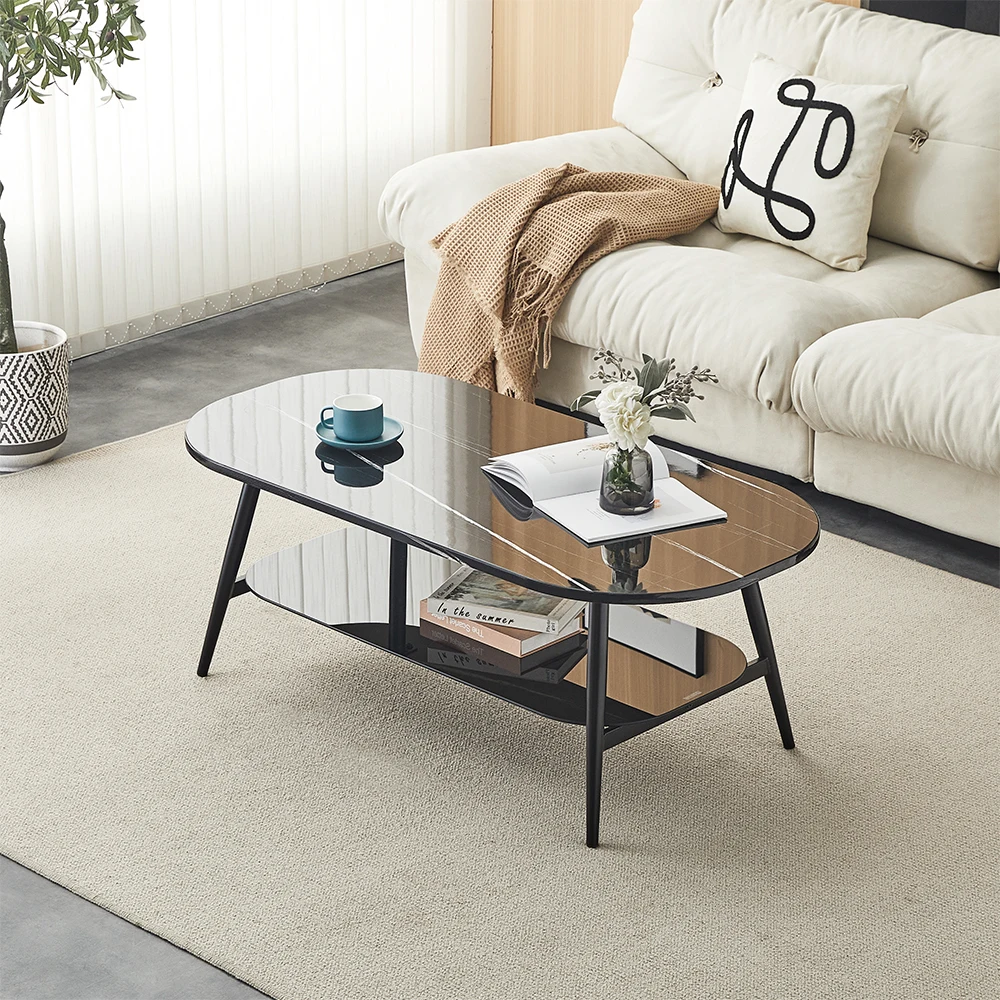 Luxury Round Coffee Table Sets Living Room Stainless Steel Furniture Black Glass Centre Coffee Table