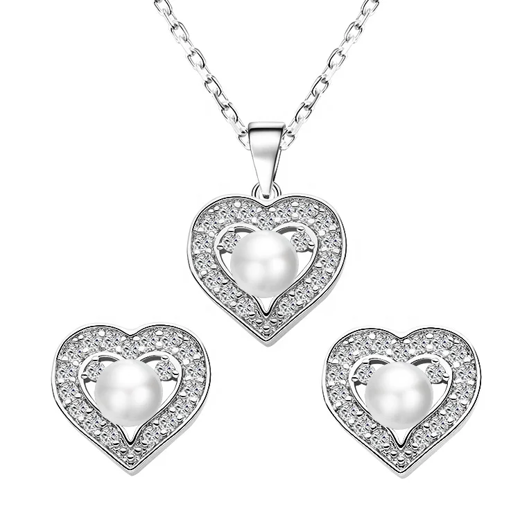 Love Heart Shape Sterling 925 Silver Pearl Jewelry Set Rhodium Plated Women Fine Jewelry Factory Price
