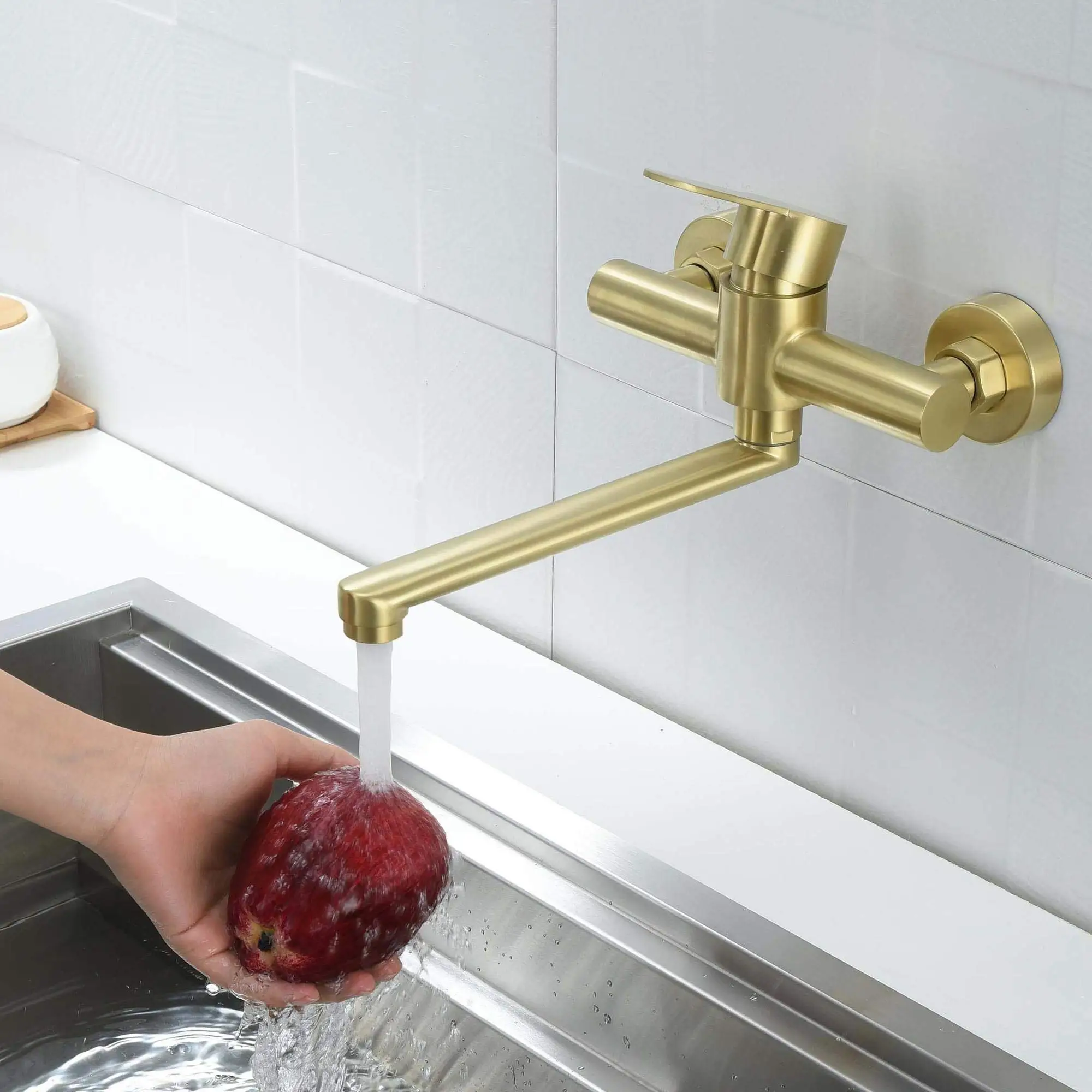 Stainless Steel Kitchen Tap Gold Wall Mounted Cold And Hot Double Hole Ceramic Valve Kitchen Faucet