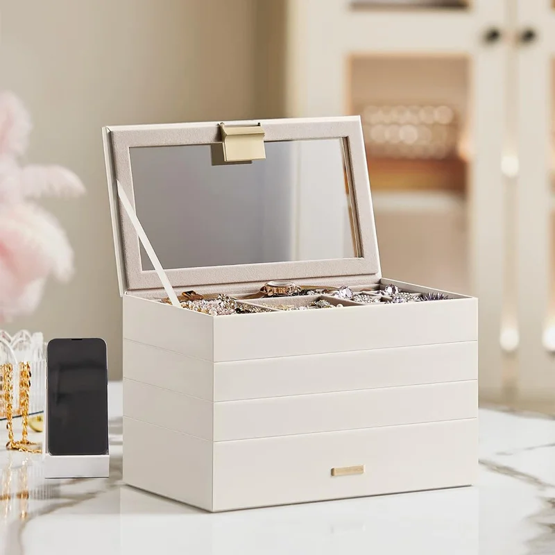 4-tier Drawer Jewelry Trays Stackable Organizer With Glass Lid Removable Dividers For Vanity Table