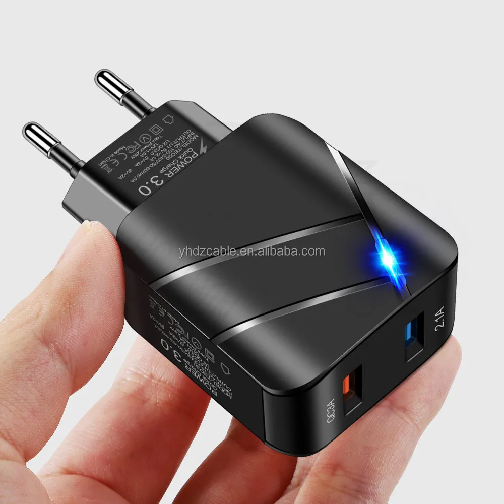 28W Luminous QC3.0+2.1A USB Mobile Phone Fast Charge Dual Port US EU Travel Wall Charger for iPhone 13 12