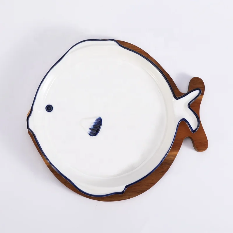 Tivray Custom Fish Shape Design White Large Porcelain Bowl With Wooden Tray Factory Best Seller Fish Bowl for Salad