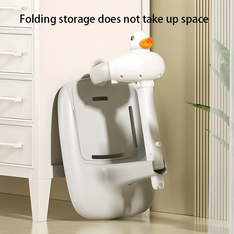 Portable Duck Shaped Safe Adjustable Baby Hug Bath Tower For Standing Toddler Shower Stand Free Mother Hands