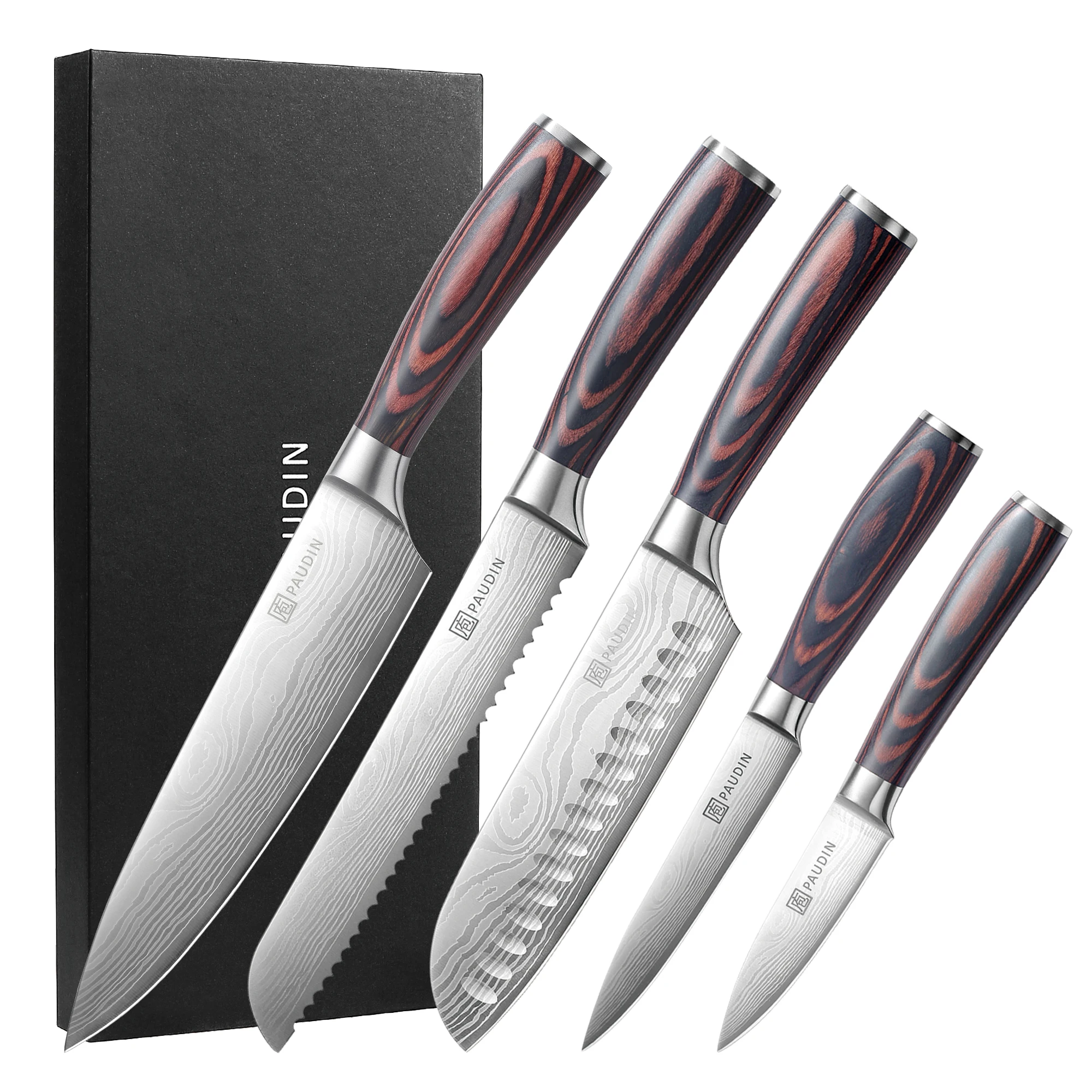Professional Custom 5PCS Ultra Sharp Stainless Steel Blade with wooden handle Kitchen Knives Set Utility Chef Knife