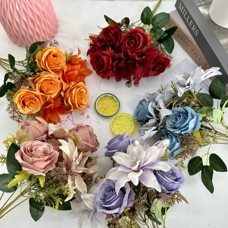 Wholesale Artificial 7-Fork Lily Rose Flower Arrangement Photography Props Home Garden Wedding Decoration Artificial Flowers