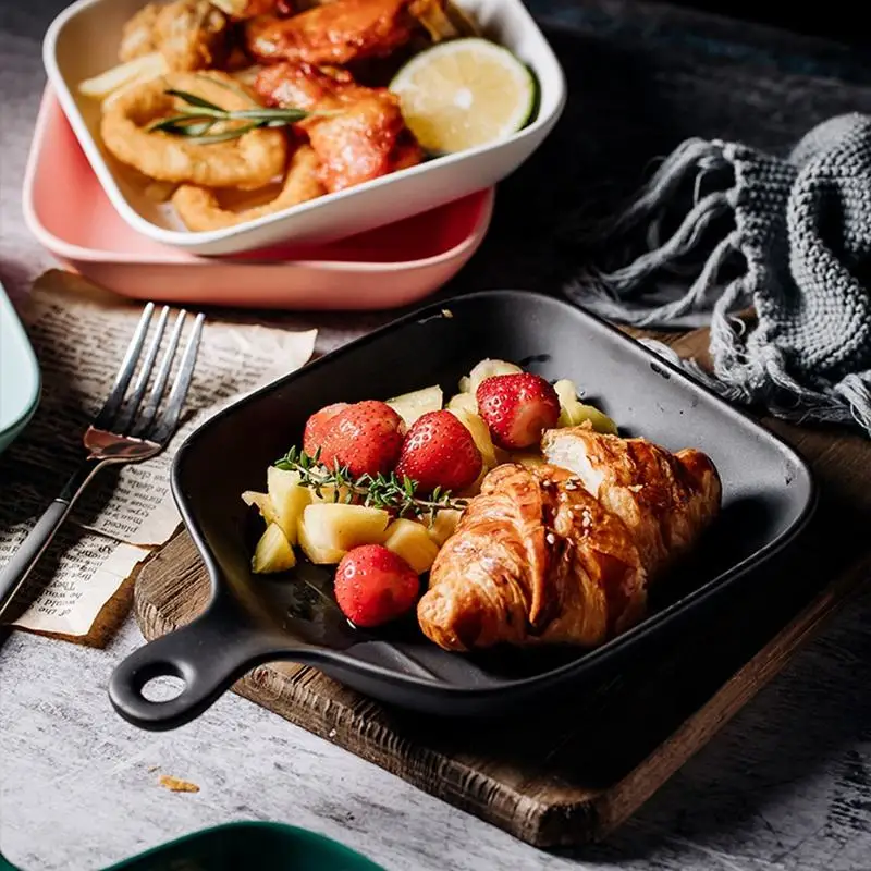 Nordic Breakfast Western Dish Square Baking Handle Porcelain High Quality Ceramic Plates