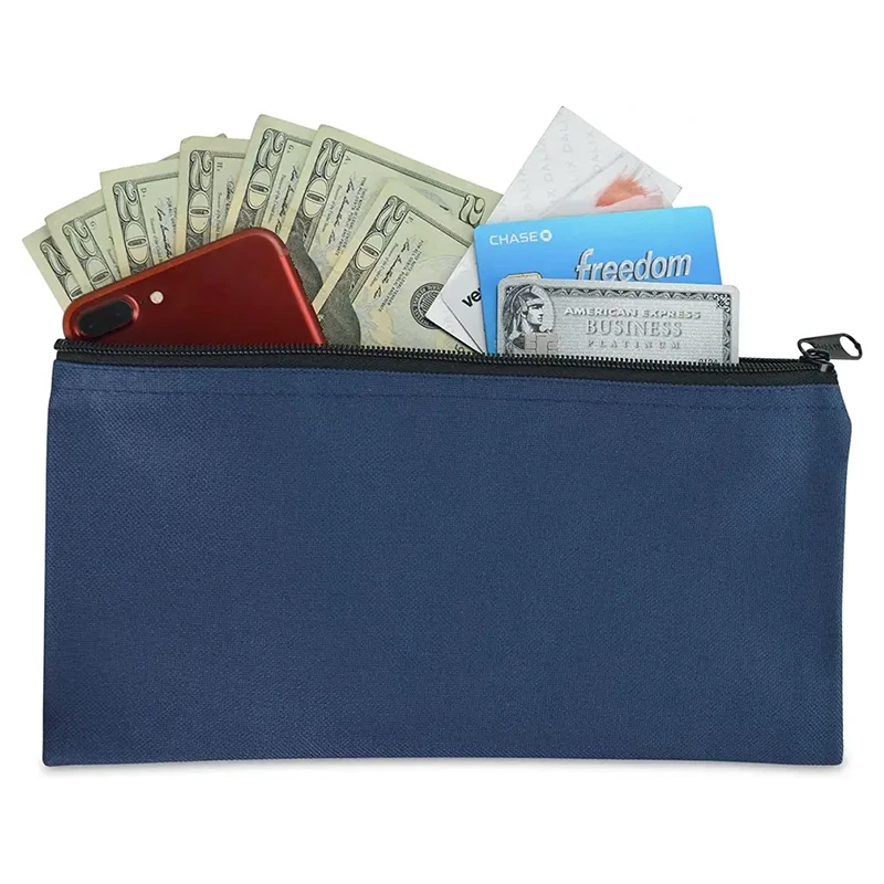 Blue Bank Cotton Canvas Money Pouch Security Deposit Utility Zipper Coin Bags