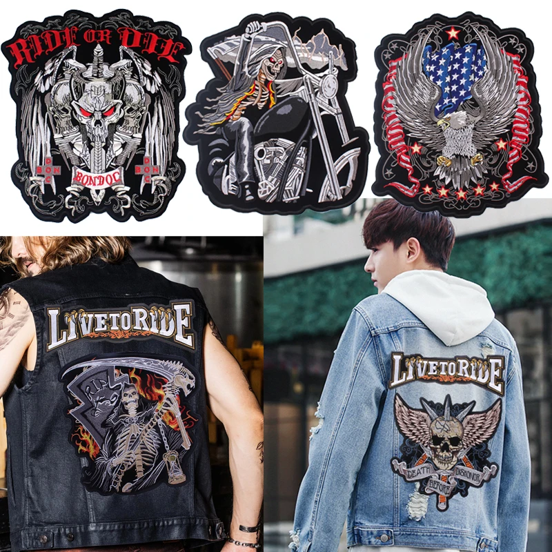 Punk Biker Skull Big Rider Patches Iron/Sew on Embroidery Patches for Clothes High Quality Applique Large Back Patch Badge
