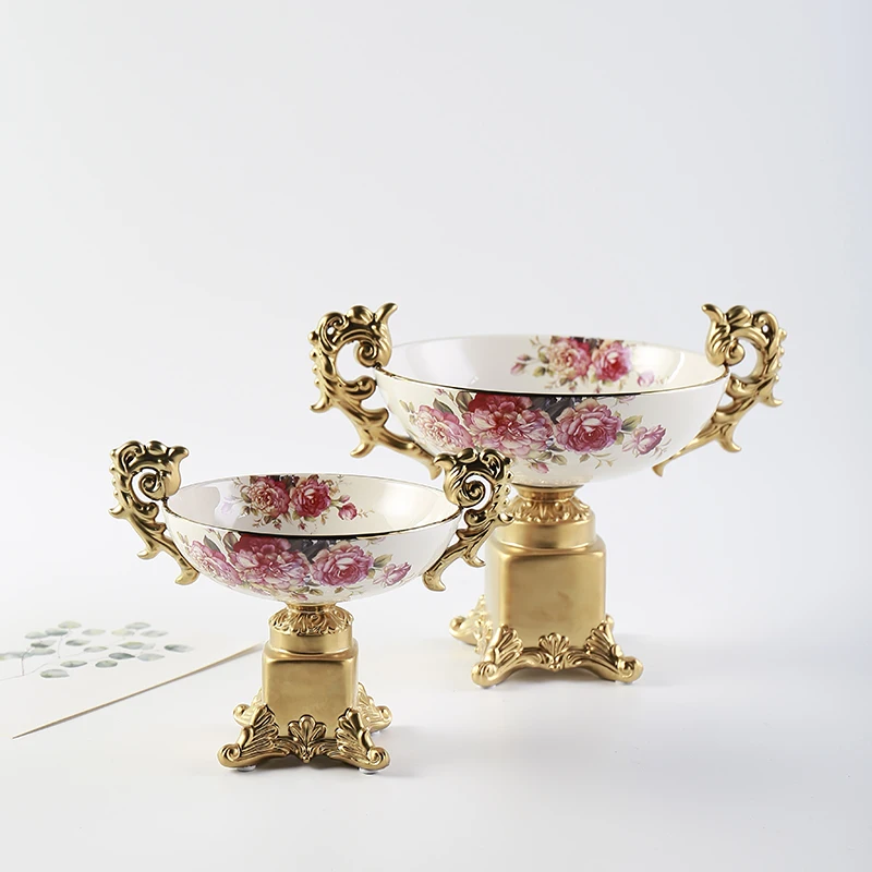 Luxury tableware with flowers and gold rim Bright glazed porcelain salad fruit ceramic bowl