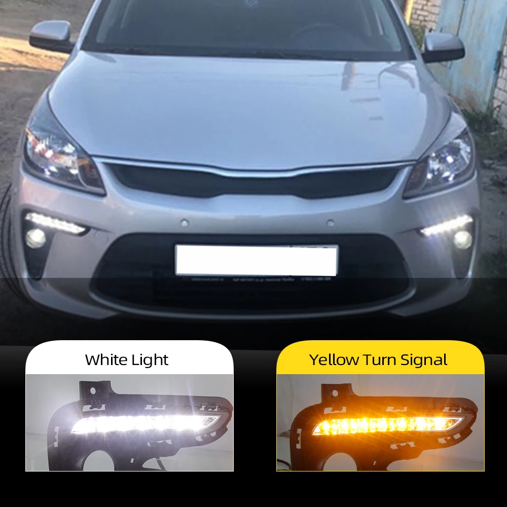 Car DRL 12V LED Daytime Running Light Daylight fog lamp Yellow Turning Signal Style Relay Waterproof  For Kia Rio K2 2017 2018