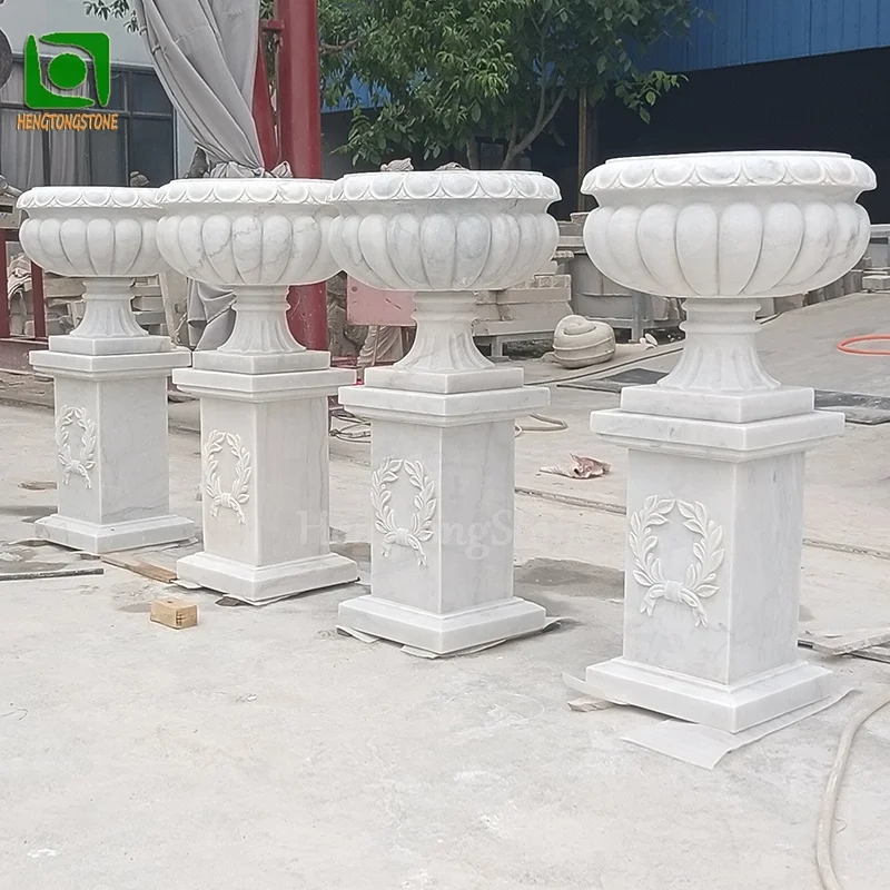 Popular High Quality White Marble Flowerpot Sculpture Stone Planter Pot