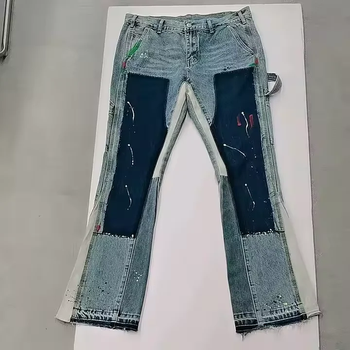 Custom streetwear baggy selvedge denim pants Graffiti painting vintage custom jeans men flared pants mens jeans fitting skinning
