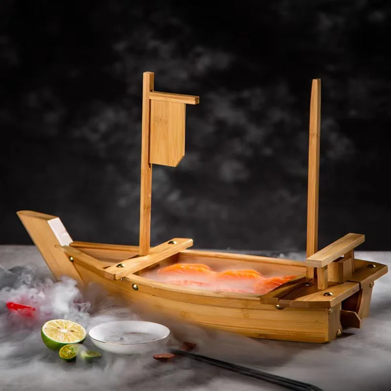 New product ideas 2023 sushi serving tray boat plate japanese wooden boat sushi display for restaurant or catering service