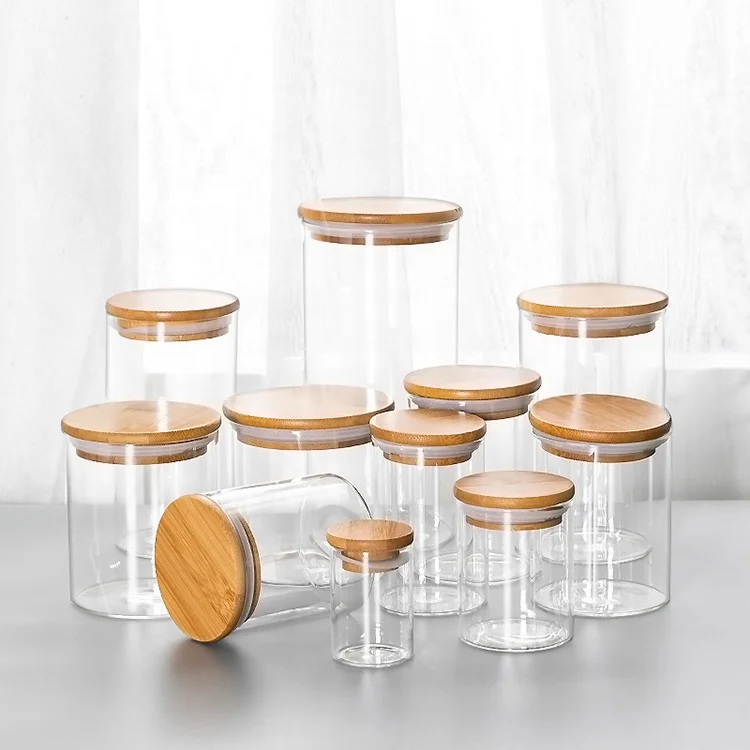 large glass food storage jars wholesale glass jar wooden lid for honey food candy glass jar