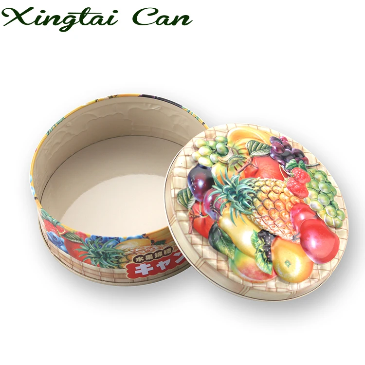 
T-Y009 OEM luxury round shape 3d printing fruit caps box candy special design tinplate box for food packing gift box 