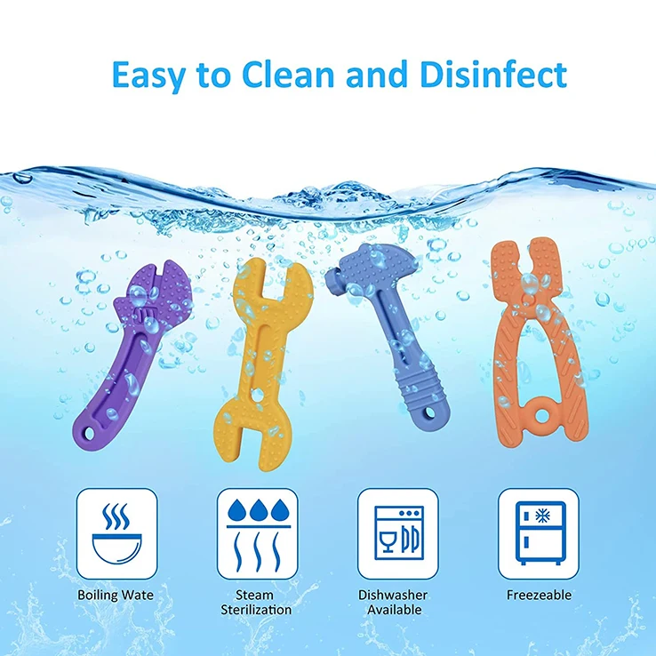 Amazon Hot selling Silicone Baby Chew Teether Toys Cute Hammer Wrench Spanner Spanner Pliers Molar bar  Brush Teething Toys