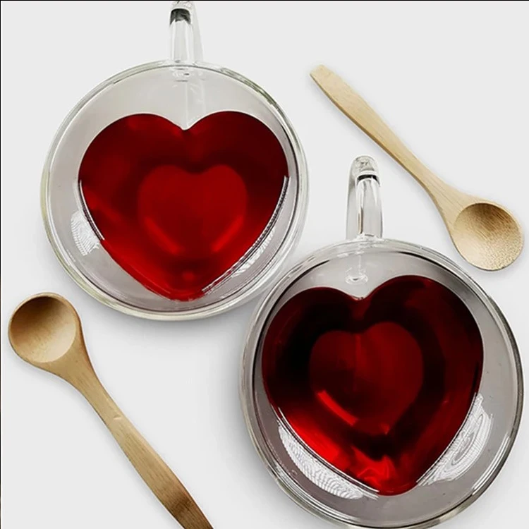 80ml 180ml 280ml Heart-shaped Double wall glass coffee cup with handle