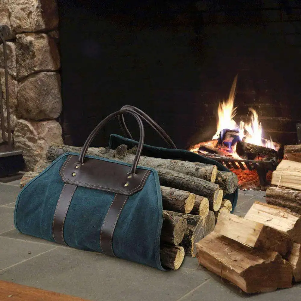 Durable Fireplace Wood Log Carrier Canvas Bag Stove Accessories Firewood Log Carrier Tote Bag