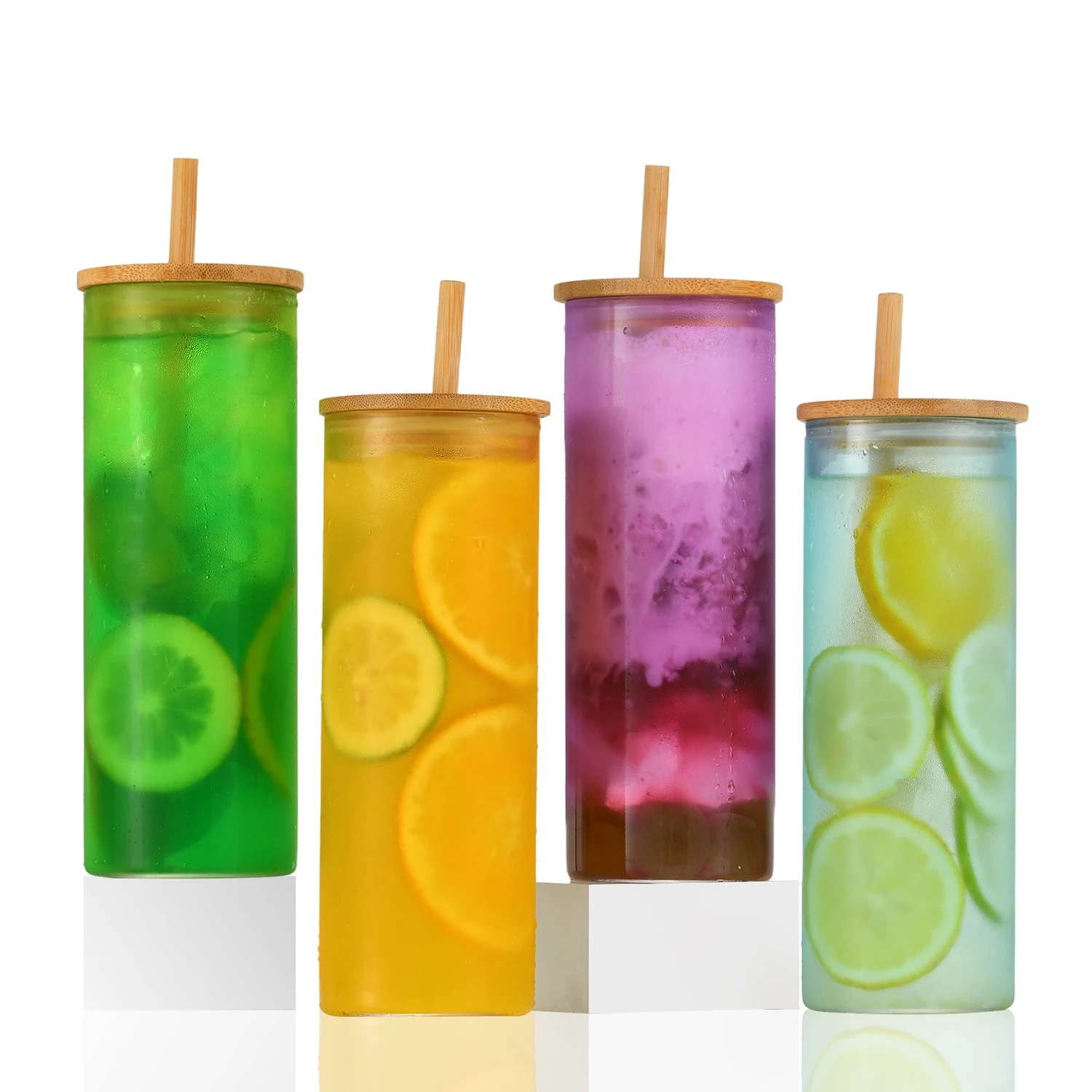 Factory High Quality Clear Green 16 Oz Glass Cup Tumbler With Bamboo Lid And Straw