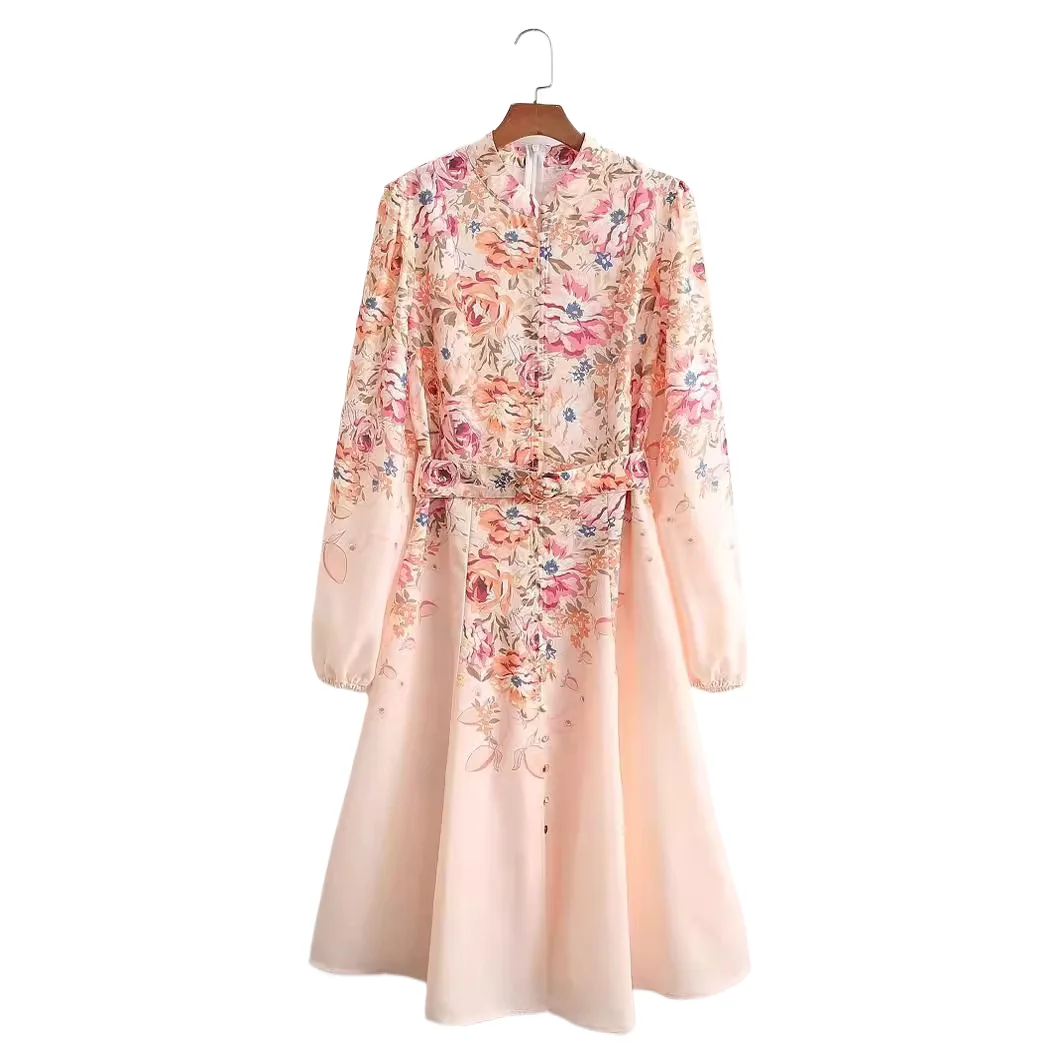 Foreign trade 2024 Europe and the United States spring new fashion temperament round neck long sleeve floral waist belt dress