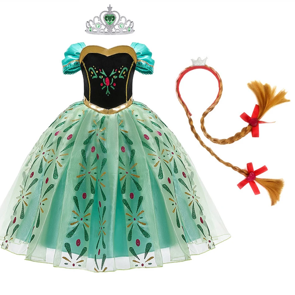 Anna Dress for Girl Cosplay Snow Queen Princess Costume Kids Halloween Clothes Children Birthday Carnival Fancy Dress and Wig