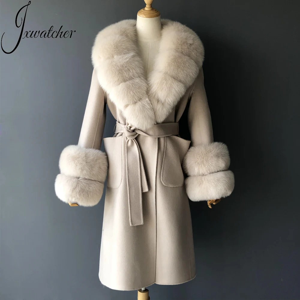 Elegant Style Big Real Fox Fur Collar Cuffs Women Winter Long Double Face Cashmere Winter Wool Coat