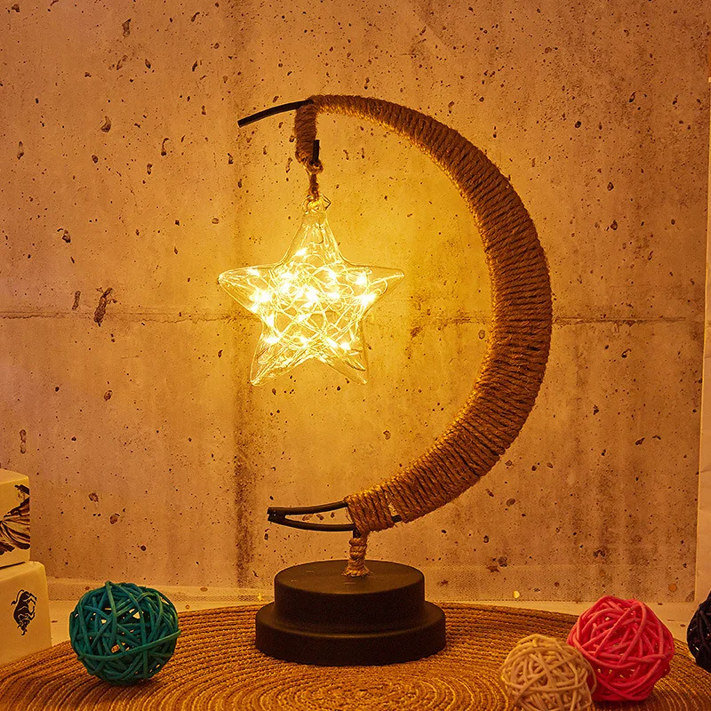 New Styles  led stars and moon  Christmas lights handmade hemp rope USB wrought iron baby night light led night light
