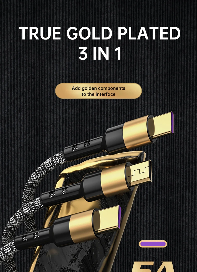 3 in 1 usb to type-c micro-usb 1.2m charger cable 66W fast charging braided gold-plated data cable