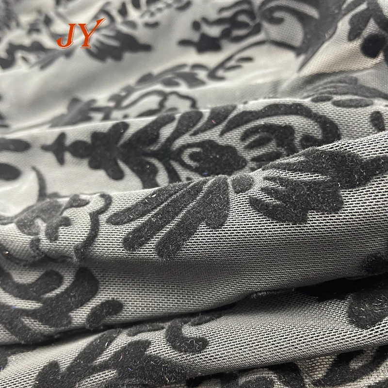 KF073 High Quality  Custom Patterns  Nylon Printed 4ways printing flocking Stretch Mesh Fabric For Clothing