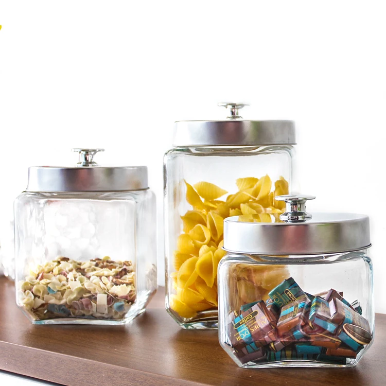 
Clear empty square airtight candy food jam kitchen storage glass jars and bottles with metal lid 