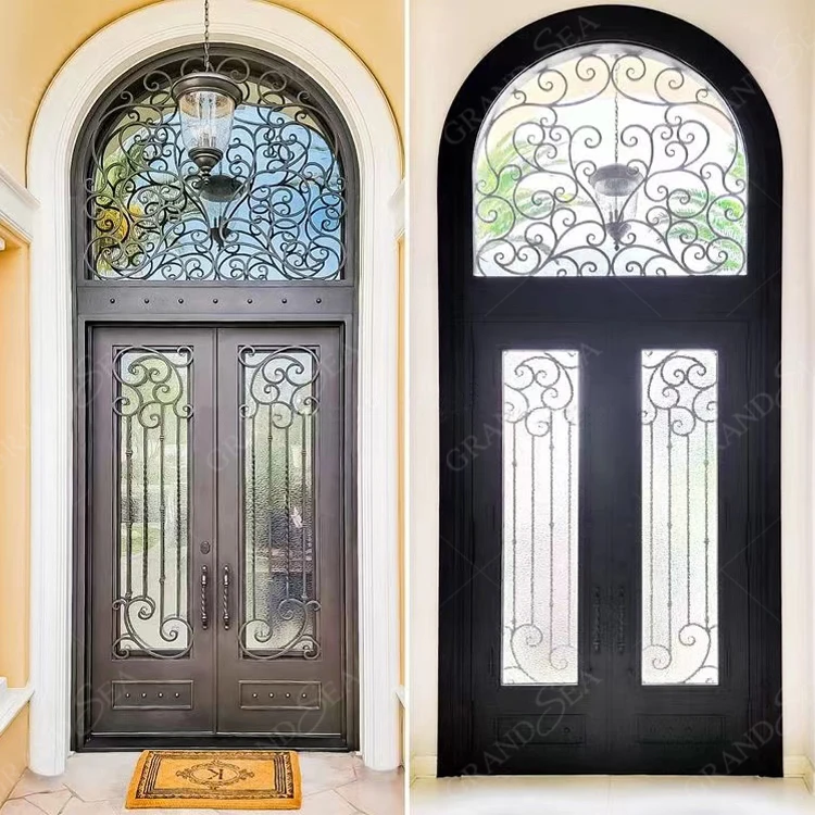 Delicate Antique Style Arched Top Customized Design Wholesale Villa Exterior Double Front Wrought Iron Doors