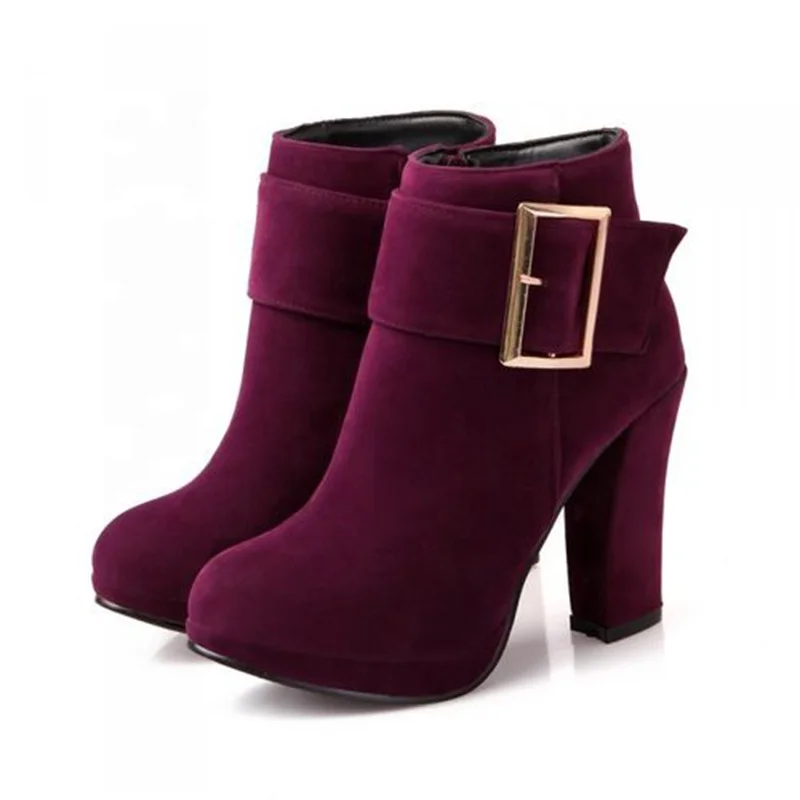 Suede Thick Bottom Oem Fall New Design Sexy Ladies Wide Calf Chunky Heel Booties Woman Ankle Heel Womens Ankle Boots With Buckle